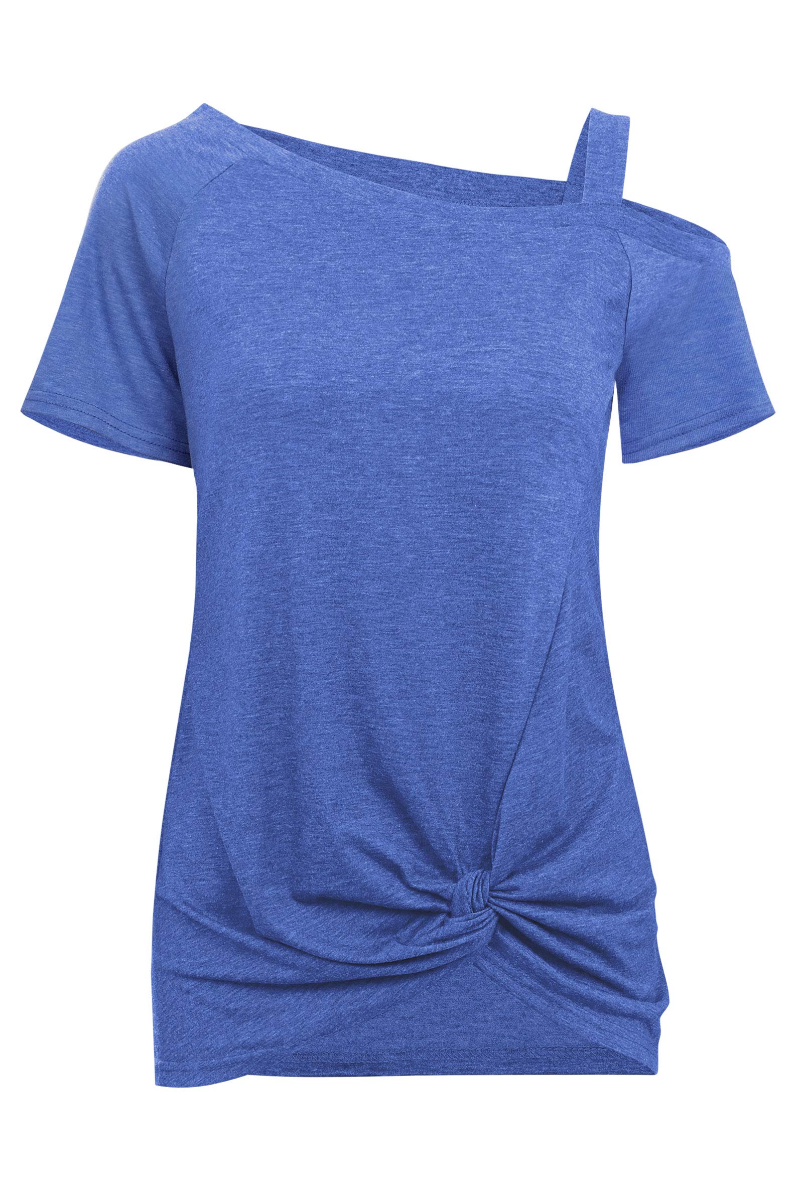IMIDO Womens Cold Shoulder Tops Front Knot Side Twist Shirts One Shoulder Blouse Short Sleeve Tunic (L, B-Blue)