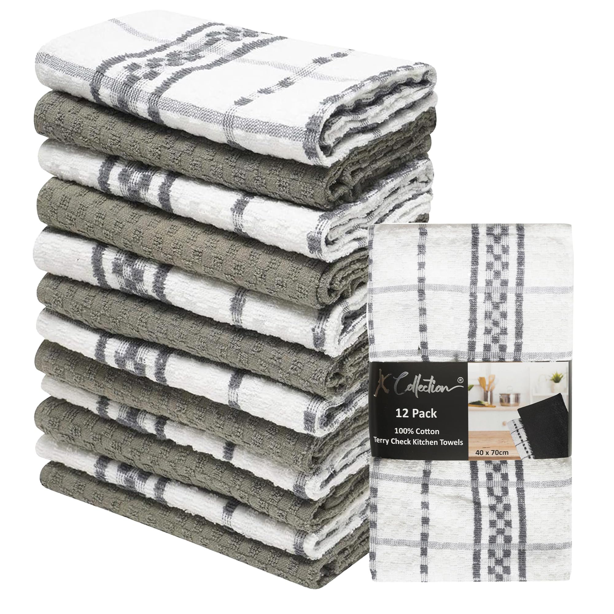 K Collection 12 Pack Check Kitchen Towels Set - 40 x 70 cm, Grey and White - 100% Ring Spun Cotton (285GSM) Super Soft and Absorbent Dish Towels, Tea Towels and Bar Towels