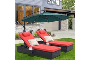 AFFMITIME Chaise Lounge Chairs for Outside, 5-Speed Adjustable Patio PE Rattan Lounge Chairs with Cup Holder and Cushions, Outdoor Reclining Chair Set of 2 for Poolside Beach Yard (Orange Red)