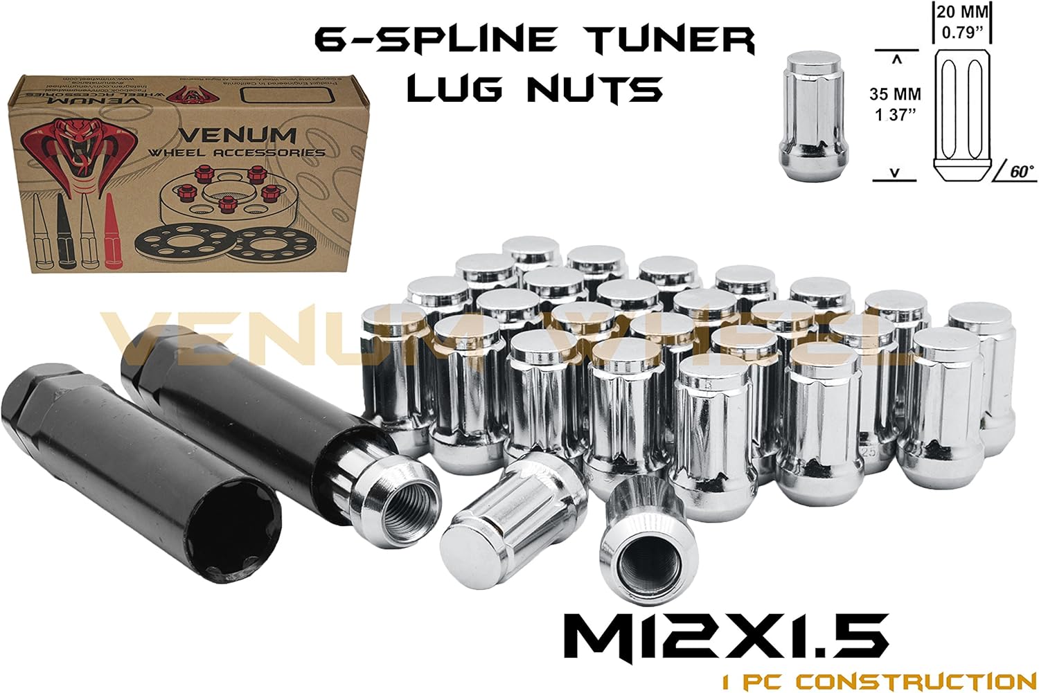 (20) M12x1.5 Spline Chrome Tuner Lug Nuts Security Socket Keys Included 12x1.5