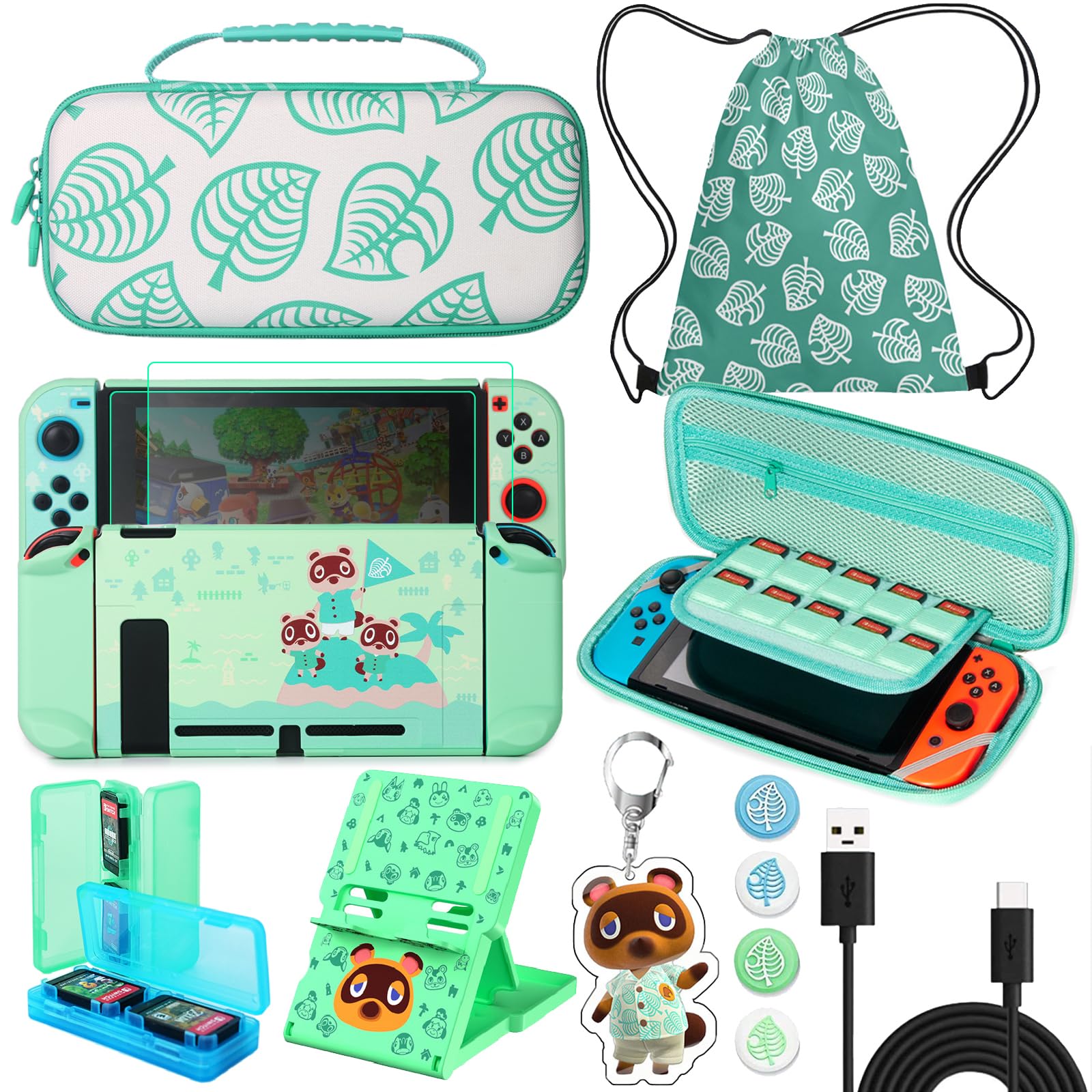 TIKOdirect Carrying Case for Switch, Cute Portable Travel Bag Accessories with Protective Cover, Screen Protectors, Stand, Game Card Holder and Thumb grip caps[Keychain Gift], Animal Crossing