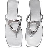 ZHILIUNIAN Women's Flat Flip Flop Summer Sandals,Ladies Cute Trendy Comfortable Memory Foam Clip Square Toe Beach Strappy Bling Metal Leather Outdoor Slipper Vacation Slides Shoe