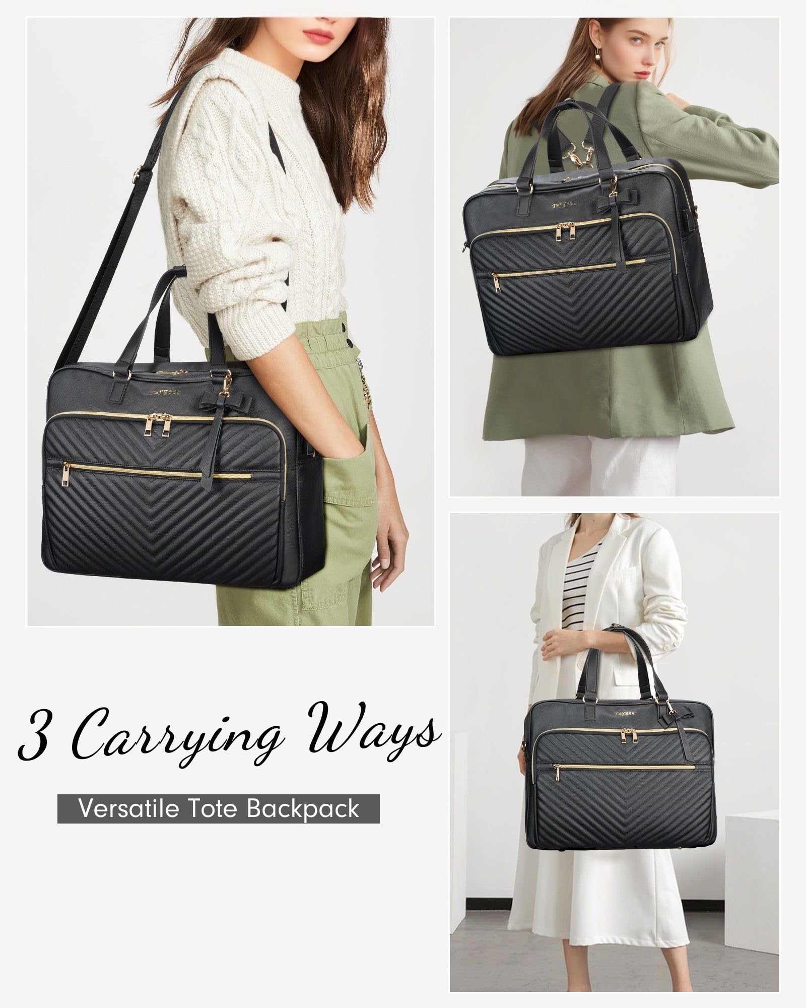 Taygeer 17 Inch Laptop Bag for Women, Large Convertible Quilted Briefcase Backpack with USB Port, Waterproof Leather Work Tote Bags, Professional Shoulder Computer Handbags for Office Business, Black