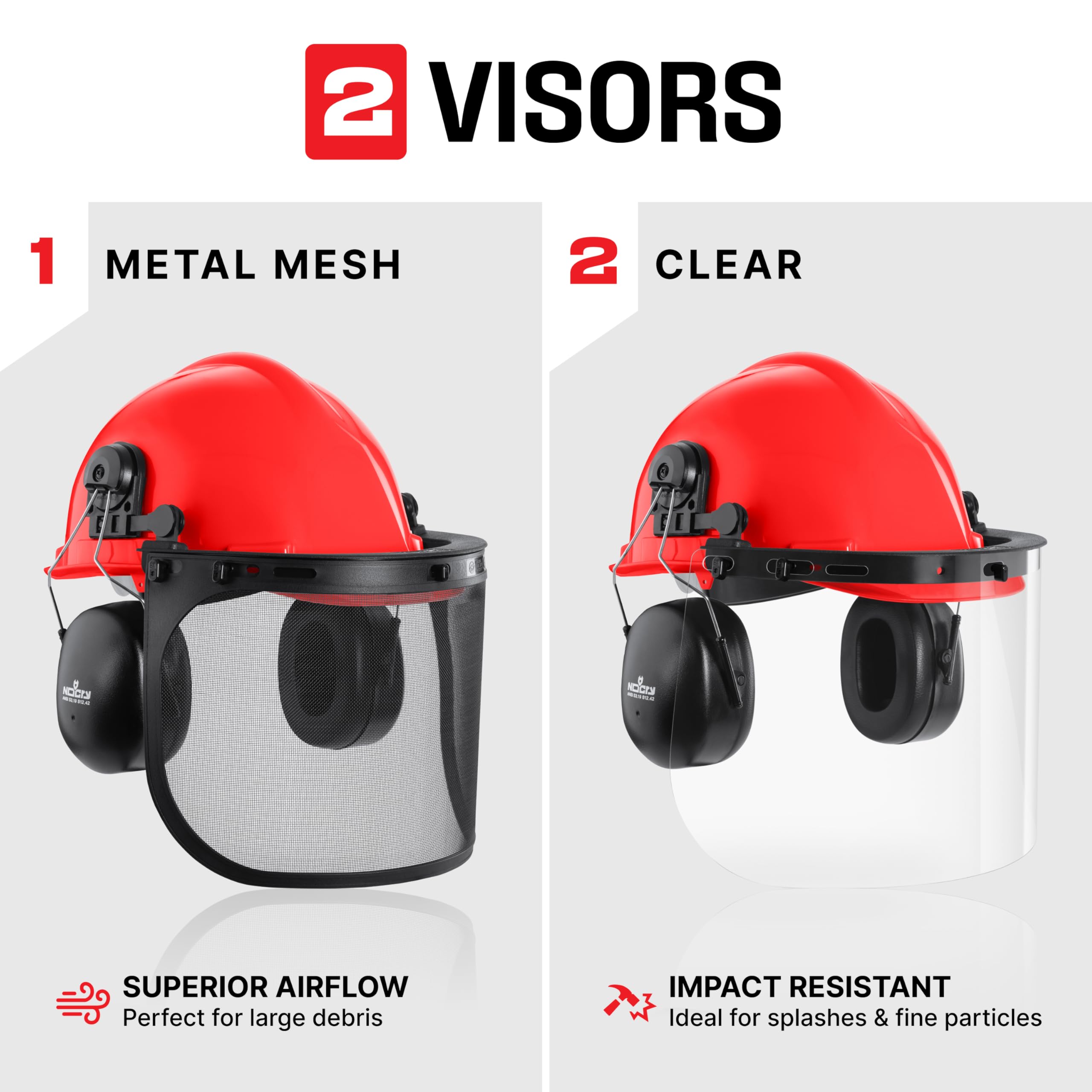 NoCry 6-in-1 Industrial Chainsaw Helmet with Face Shield and Ear Muffs - Includes Mesh and Clear Plastic Face Visor - ANSI Z89.1 Certified Forestry Helmet