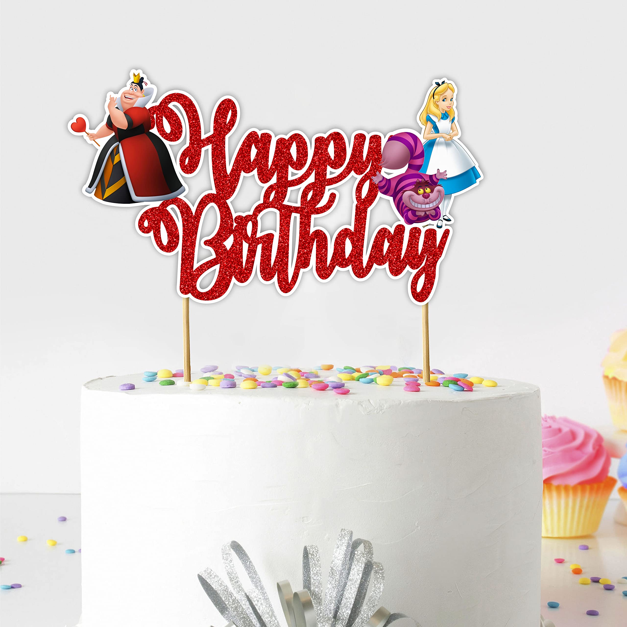 Alice in Wondrland Happy Birthday Cake Topper – Storybook Fantasy Theme Cake Decoration for Birthday Celebration, Whimsical Dessert Topper for Party Cakes, Table Display Styling, Photo Setup.