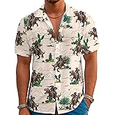 Men's Hawaiian Shirt Funny Vintage Western Cowboy Print Summer Beach Casual Short Sleeve Button Down Shirts