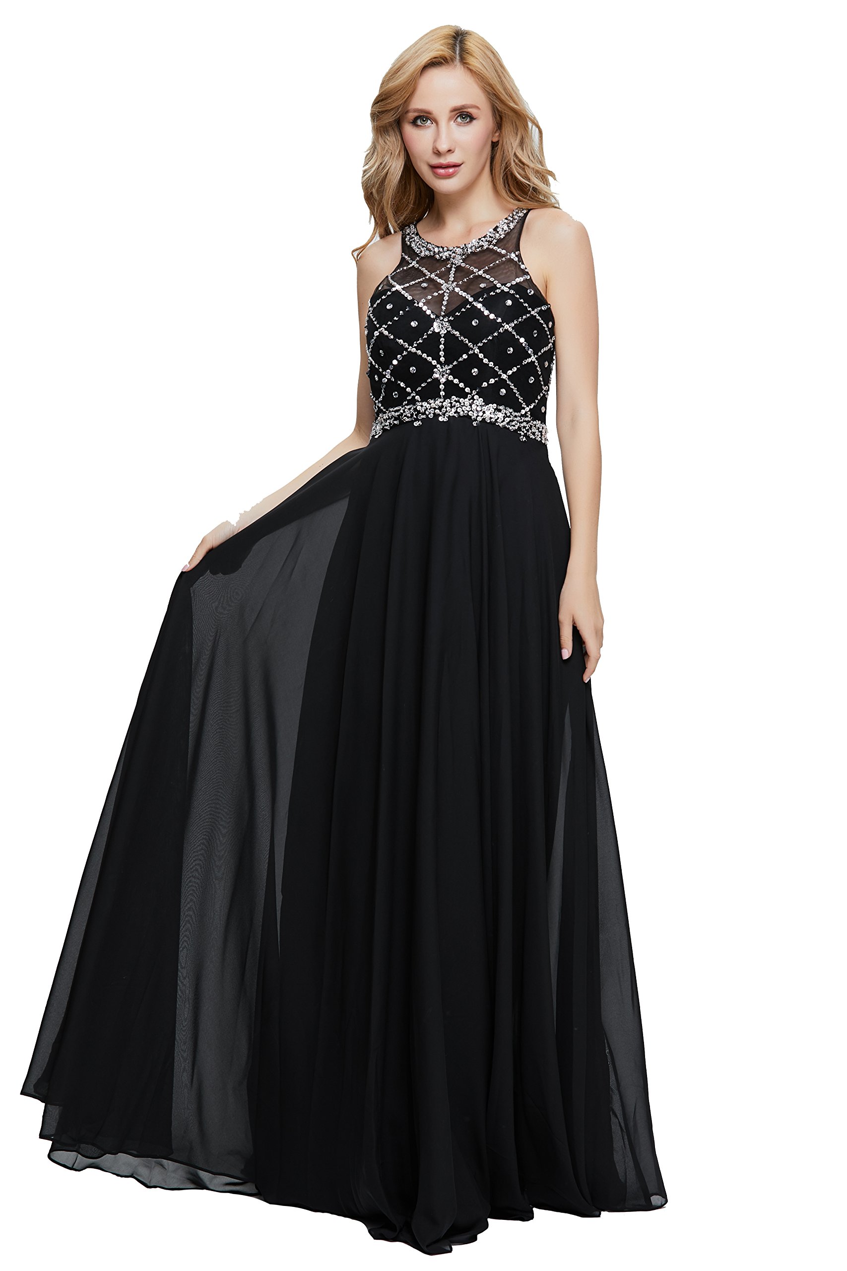 Gralre Women's Long Prom Dresses Scoop Neckline Beaded A Line Formal