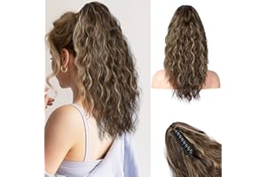 REECHO Ponytail Extension, 18 Inch Claw Clip Ponytail Extension for Women Long Curly Wavy Synthetic Hairpiece for Daily Use - Chocolate Brown with Blonde Highlights