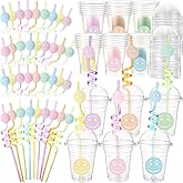 Yaomiao 36 Set Smile Face Birthday Cups 12 oz Clear Plastic Cup with Dome Lids and Straws for Smile Face Pastel Preppy Birthday Decorations Holiday Bachelorette Baby Shower Party Favors(Classic Style)