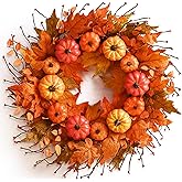 20 Inch Fall Wreaths for Front Door Outside, Large Autumn Wreath Fall Door Wreath with Harvest Pumpkins Maple Leaves for Fall Thanksgiving Decor