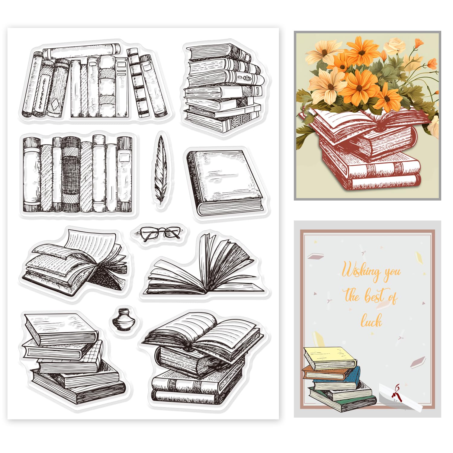 GLOBLELAND World Book Day Theme Clear Stamps Books Ink Quill Silicone Clear Stamp Seals for Cards Making DIY Scrapbooking Photo Journal Album Decor Craft