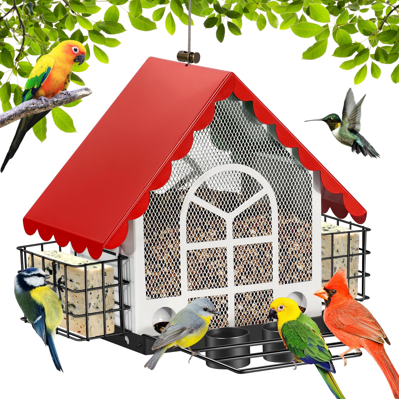 DoubleCare Bird Feeders for Outdoor, Large Capacity Bird Feeder with Double Suet Cage Cake, Metal Hanging Birdhouses with Water Cup for Yard, Garden, for Bird Lovers,Red