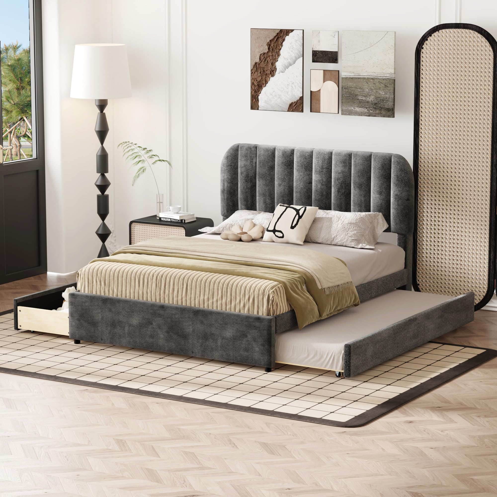 Photo 1 of ***BOX 2 OF 2 ONLY**PARTIAL ITEM***PVWIIK Upholstered Full Platform Bed with Trundle and Drawers for Bedroom, Living Room, Upholstered Soft Fabric Bedframe & Space Saving Design,No Box Spring Needed, Grey