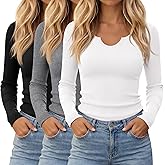 Velvelhall 3 Pack Women's Long Sleeve T Shirts, Ribbed Cotton Slim Fitted Tops Scoop Neck Shirts Basic Casual Fall Tees