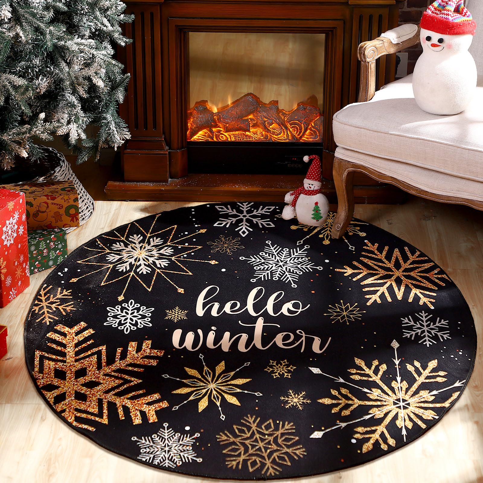 Photo 1 of **STYLE MAY DIFFER *** CHarrycle 4ft Winter Round Snowflakes Rug Black Gold Rug Winter Entry Carpet Soft Large Snowflake Decor Carpet Winter Cute Sofa Circle Floor Carpets for Bedroom Nursery Living Room