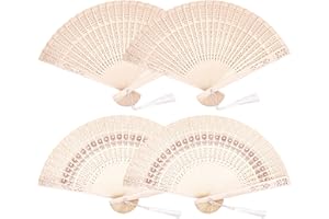 IOUALEY 4 Pack Wooden Folding Fan with Tassels, 2 Types Vintage Wooden Fan Handheld Folding Fans Sandalwood Hand Fan Chinese Sunflower Pattern Sandalwood Fan for Women Foldable Wedding Favors Baby Shower