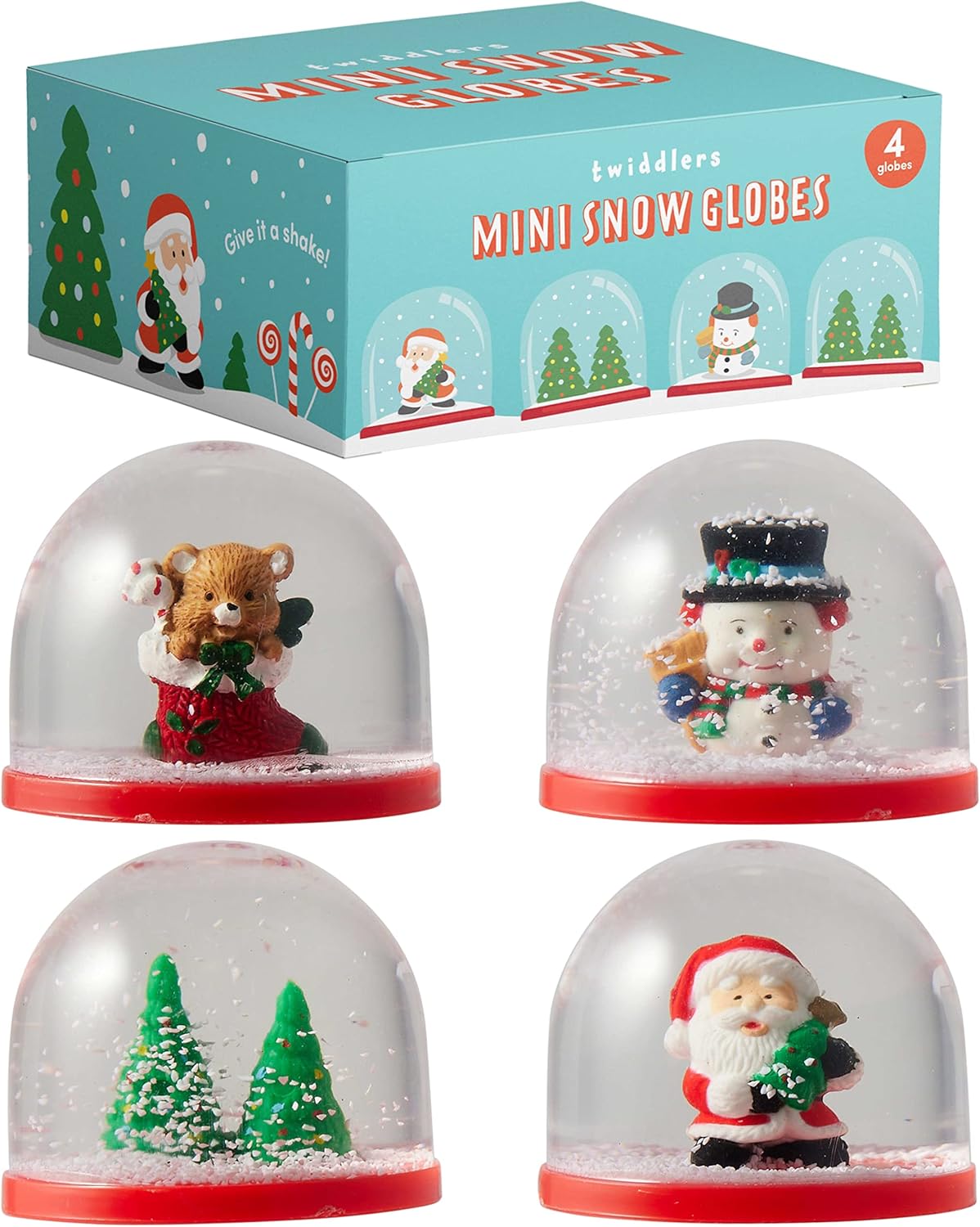 Snow Globes - THE TWIDDLERS - 4 Mini Christmas Snow Globes, 2 Inch - Assorted Xmas Festive Designs for Stocking Fillers Party Gift Bags Ornaments and Decorations