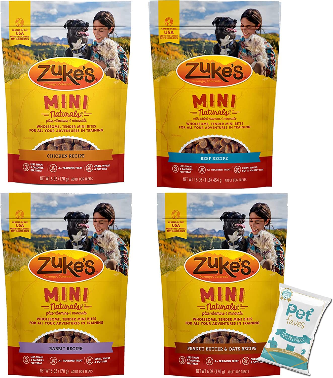 Photo 1 of (4 Pack) Zukes Mini Naturals Healthy Moist Dog Training Treats Variety Pack (6oz Each) - Chicken, Beef, Rabbit, and Peanut Butter with 10ct Pet Wipes