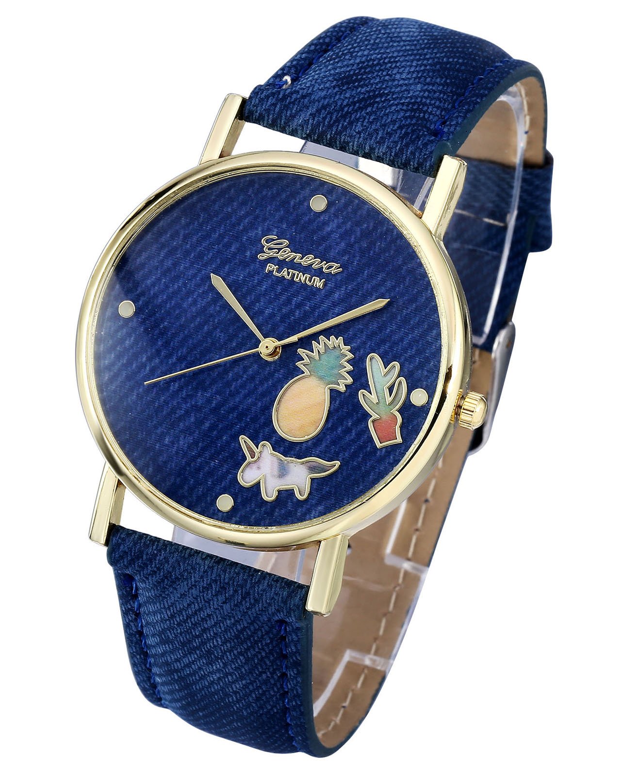 JSDDE Uhren,Fashion Cute Cartoon Einhorn Ananas Kaktus Armbanduhr Denim PU Lederband Damenuhr Kleid Quarz Uhr,Dunkelblau