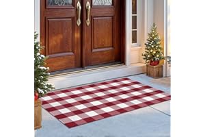 IOHOUZE Christmas Buffalo Plaid Rug 3x5 Ft Outdoor Indoor Doormat Red White Check Washable Area Rug Woven Cotton Checkered Front Porch Mat Christmas Decor for Front Door Entryway Living Room