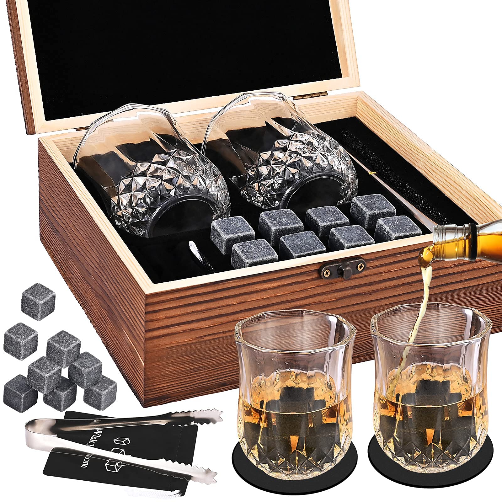 Whiskey Stones, GOLDGE Whiskey Glass Gift Sets for Men, Whisky Rocks Chilling Stones, Whisky Glasses Set Gift for Dad, Husband, Father Gift with 2 Whisky Glasses in Luxury Wooden Box