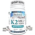 Bio Absorb Vitamin K2 MK-7 Form Supplement. 100 mcg. 200-Day Supply (200 Veggie Capsules).