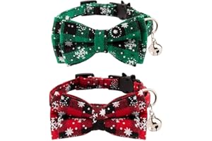 Luter 2 Pack Christmas Plaid Cat Collars, Detachable Cat Ties with Bow&Bells, Adjustable Collars for Cats, Kitten&Puppy Suppl