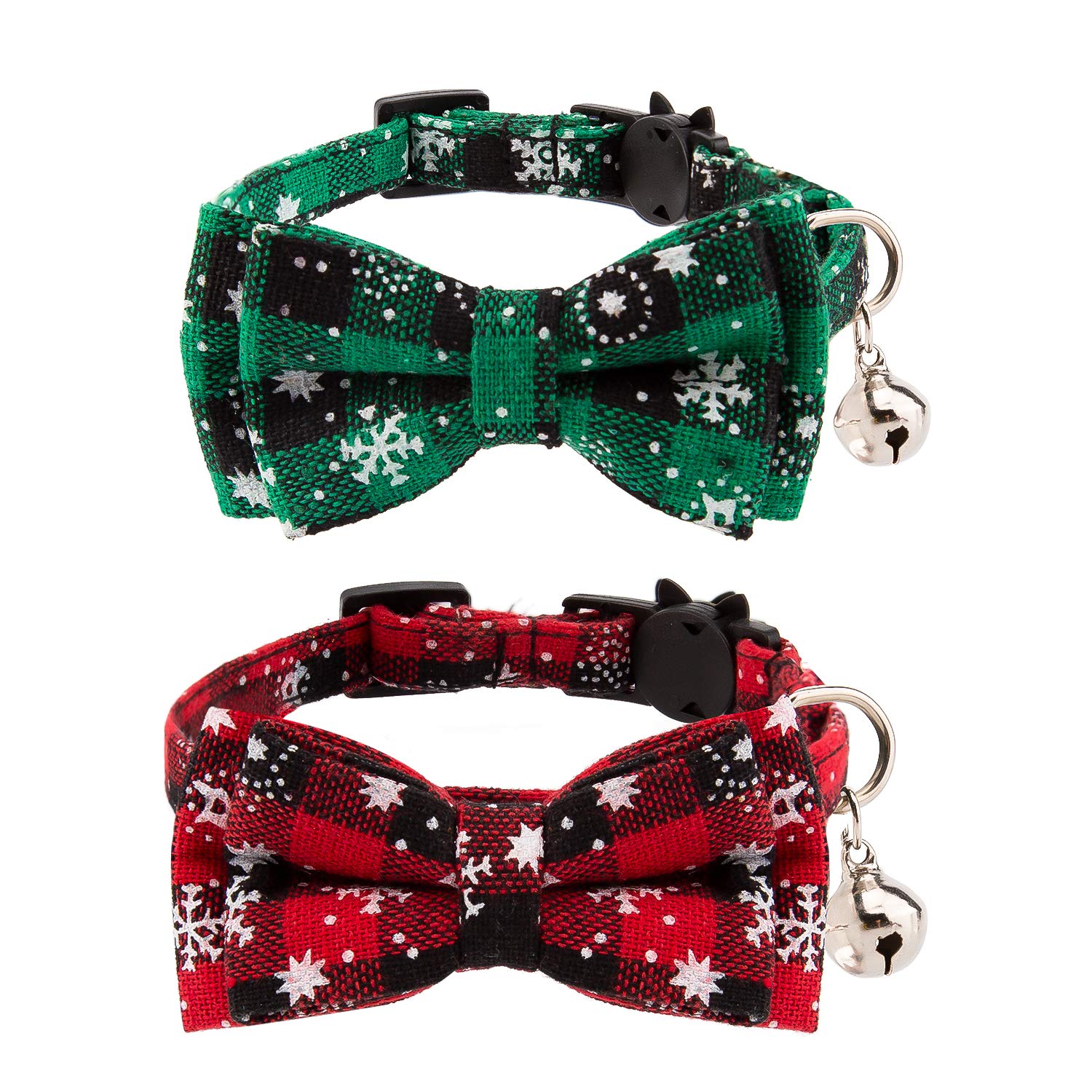 LUTER 2 Pack Christmas Plaid Cat Collars, Detachable Cat Ties with Bow&Bells, Adjustable Collars for Cats, Kitten&Puppy Supplies (Red,Green)