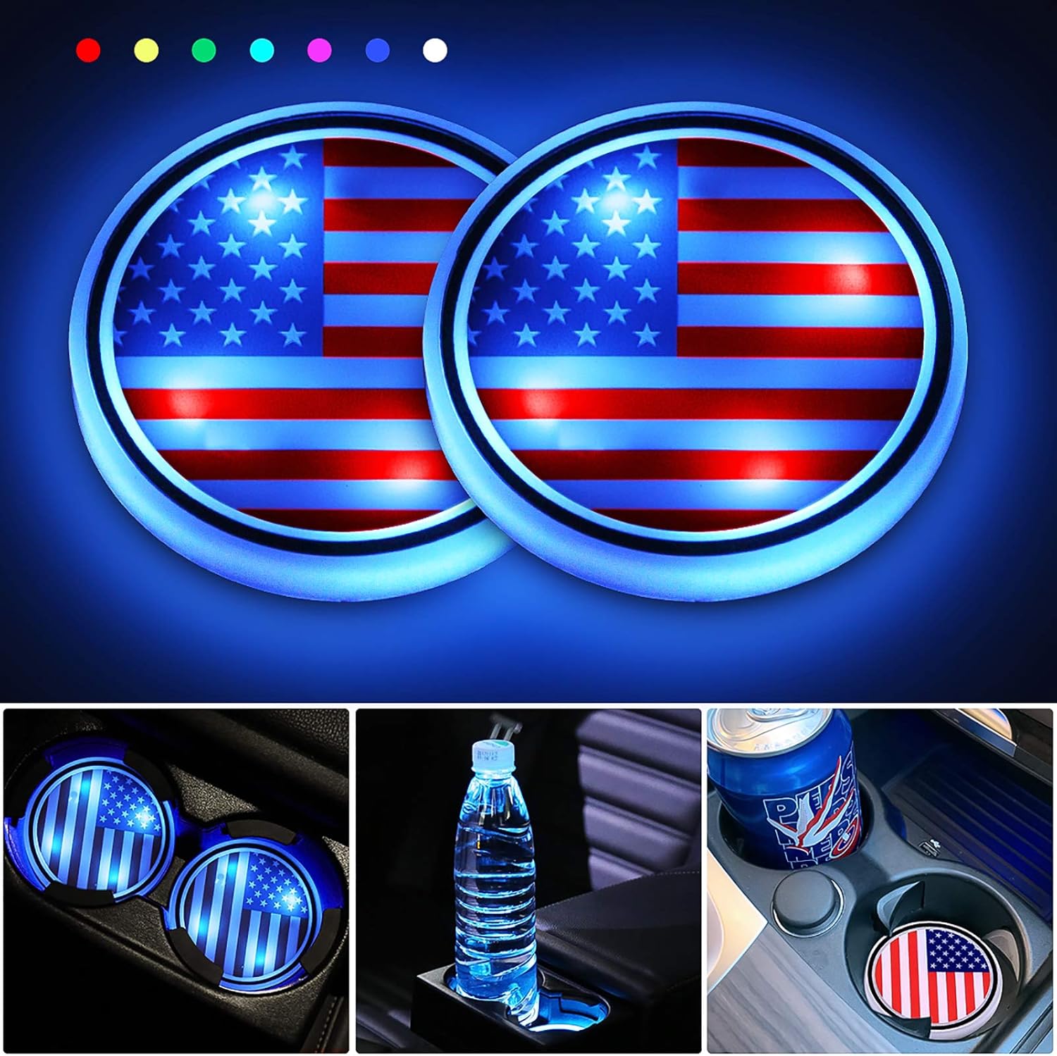 LED Car Cup Holder Lights, Car Coasters with 7 Colors Changing USB Charging Luminous