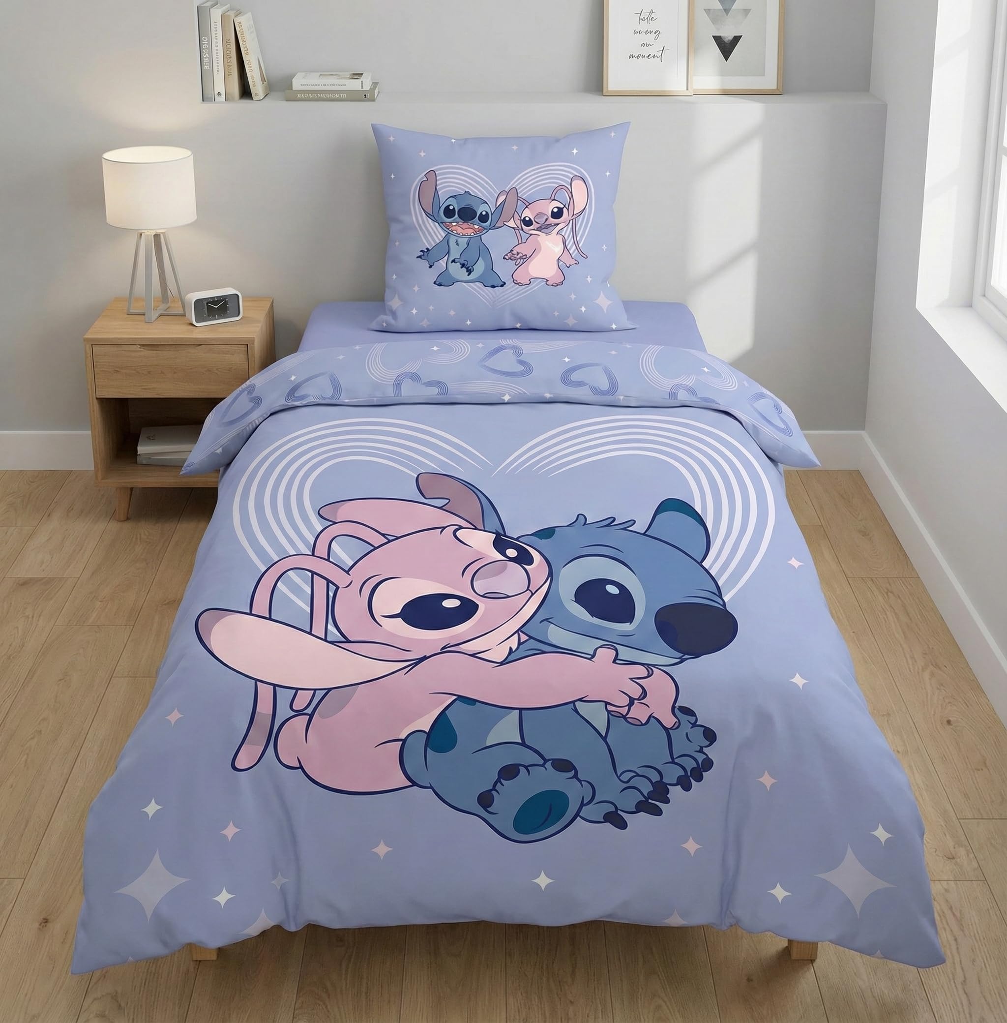 Aymax Stitch & Angel Children's Bedding Set, Single Duvet Cover 140 x 200 cm + Pillowcase 65 x 65 cm, Heart and Stars Design