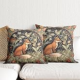 William Morris Throw Pillow Covers 18x18 Inch Fox Gothic Animal Throw Pillows Covers for Couch Bed Dark Academia Moody Home Decor Vintage Orange Floral Botanical Sofa Cushion Covers Set of 2