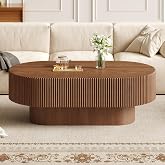 Merax Modern 48.4" W Large Oval Coffee Table with Sturdy Base,Walnut | Wood Fluted Center End Table for Living Room Reception Room, Easy Assemble