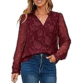 Simplee Womens Dressy Casual Blouses Long Sleeve V Neck Chiffon Burnout Shirts Loose Business Work Top Fall Outfits