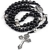 HanlinCC 10mm Beads Catholic Rosary Necklace with Miraculous Center piece and Pardon Crucifix with Gift Box for Men and Women