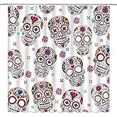 EVRCVAR Sugar Skull Shower Curtain Skeleton Floral Mexican Day of The Dead Horror Boho Colorful Flowers Skull Bathroom Curtain Fabric with Hooks(70