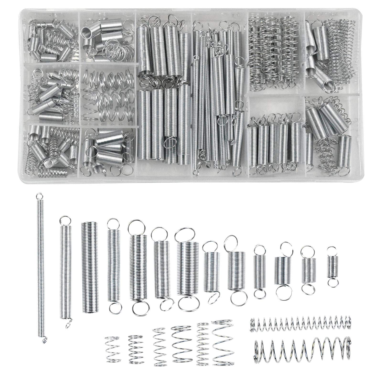 Chstarina 200pcs Assorted Set Metal Springs - Extended, Compressed Springs with Storage Box for Furniture, Bikes, Bulbs