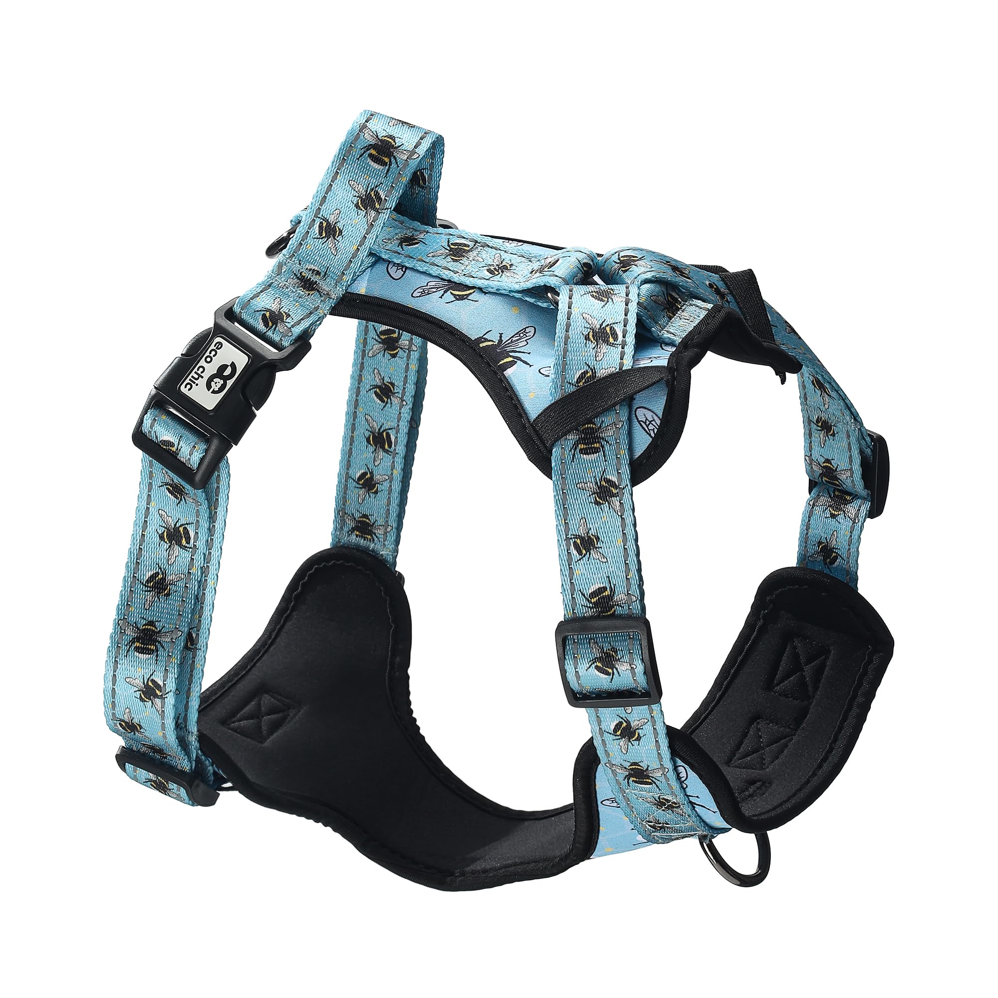 Eco Chic Recycled Comfort Pet Harness Adjustable No-Pull Reflective Padded Dog Vest Harness (Bumble Bees Blue Large)