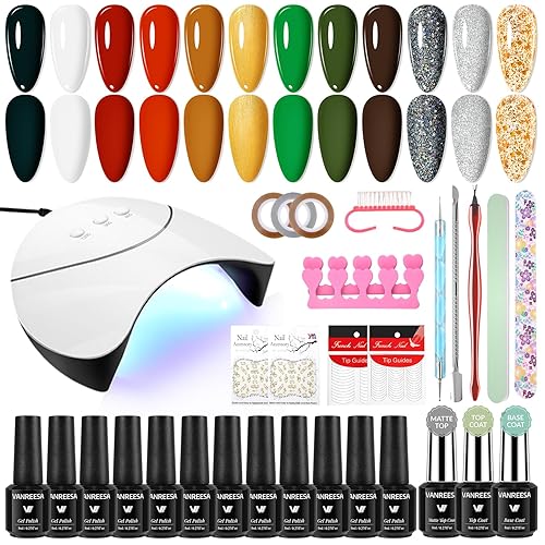 VANREESA Gel Nail Kit, 12 Colours Gel Nail Polish Set with Lamp Starter Kit Gold Red Green Gels Polish Set Manicure Tools Nails Salon DIY at Home Gifts for Women