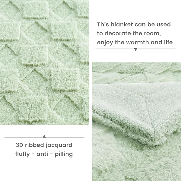 COZY BLISS FAUX FUR TEXTURED THROW BLANKET FOR BED SUPER SOFT FUZZY CHECKERED COUCH BLANKET GIFT FOR WOMEN PREMIUM 3D JACQUARD ALL SEASON USE SAGE GREEN GEOM 60″*80″