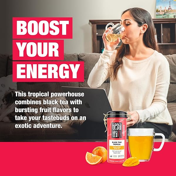 TIESTA TEA – BLACK THAI TROPICAL, LOOSE LEAF, MANGO CITRUS BLACK TEA, PREMIUM BLEND, HIGH CAFFEINATED, MAKE HOT OR ICED & BREWS UP TO 50 CUPS, 4.5OZ REFILLABLE TIN