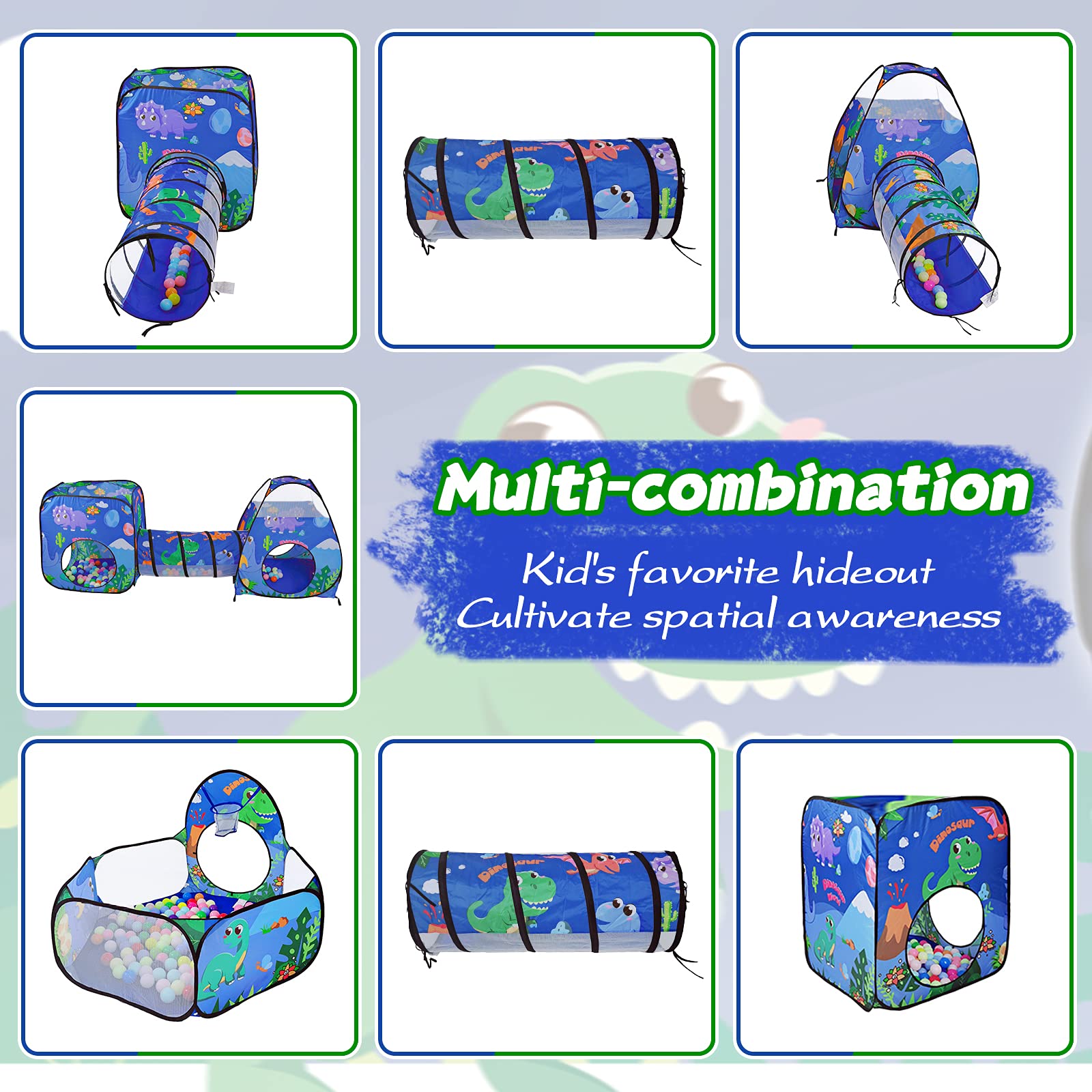 TTLOJ Gift 5PC Dinosaur Kids Play Tent with Ball Pit, Crawl Tunnel, Toddlers Playhouse Castle Toys, Baby Boys Girls Gift for 3 4 5 6 7 Years Old, Outdoor Indoor(Balls Not Included