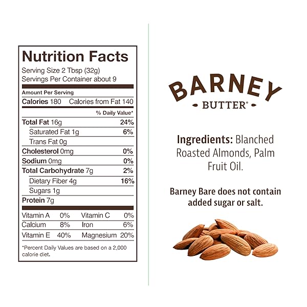 BARNEY BUTTER ALMOND BUTTER, BARE SMOOTH, 10 OUNCE JAR, NO ADDED SUGAR OR SALT, SKIN-FREE ALMONDS, NO STIR, NON-GMO, GLUTEN FREE, KETO, PALEO, VEGAN
