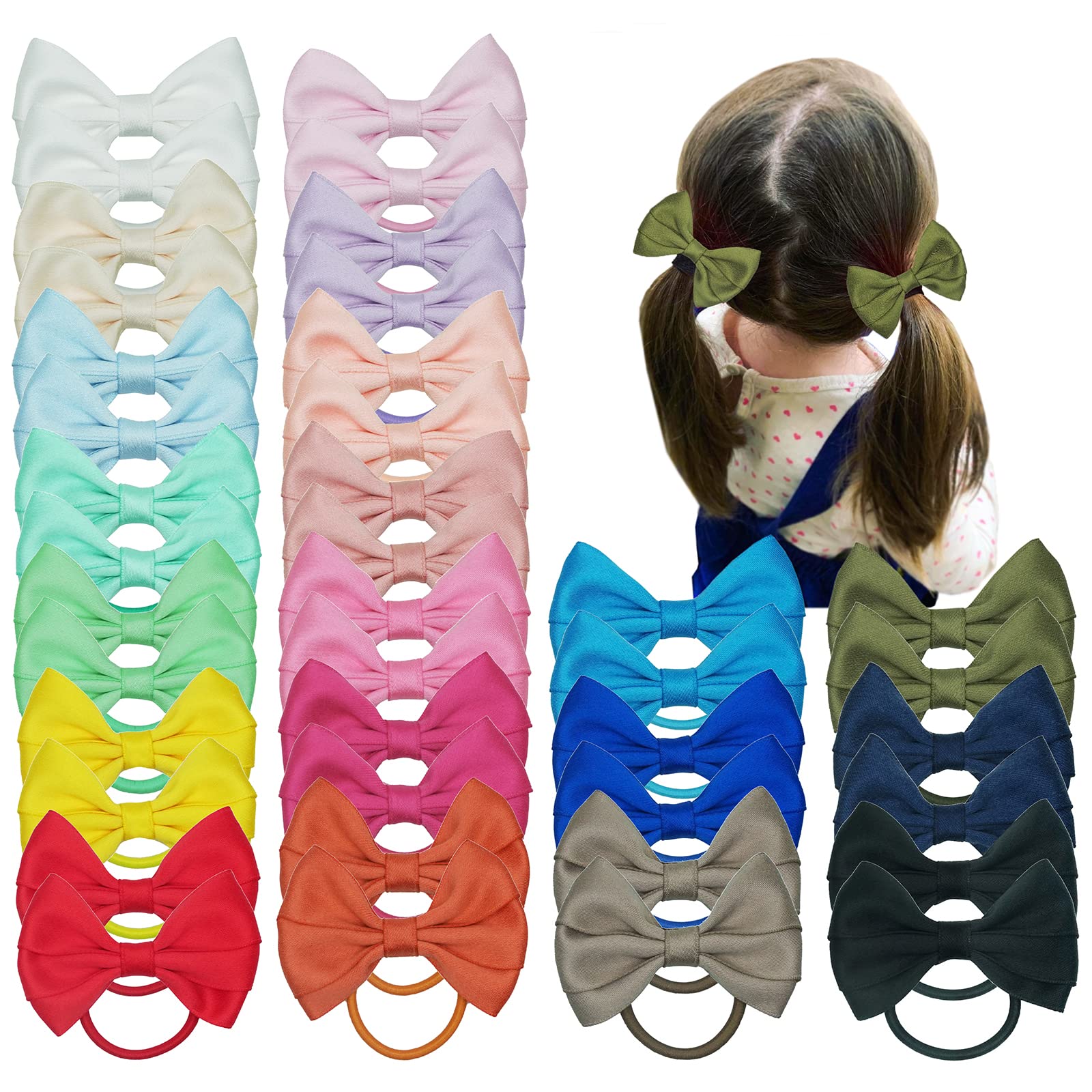 JOYOYO 40 Pcs Hair Bobbles for Girls Ponytail Holders With 3 Inch Medium Bows - Strong Hair Bands for Little Girls In Pairs