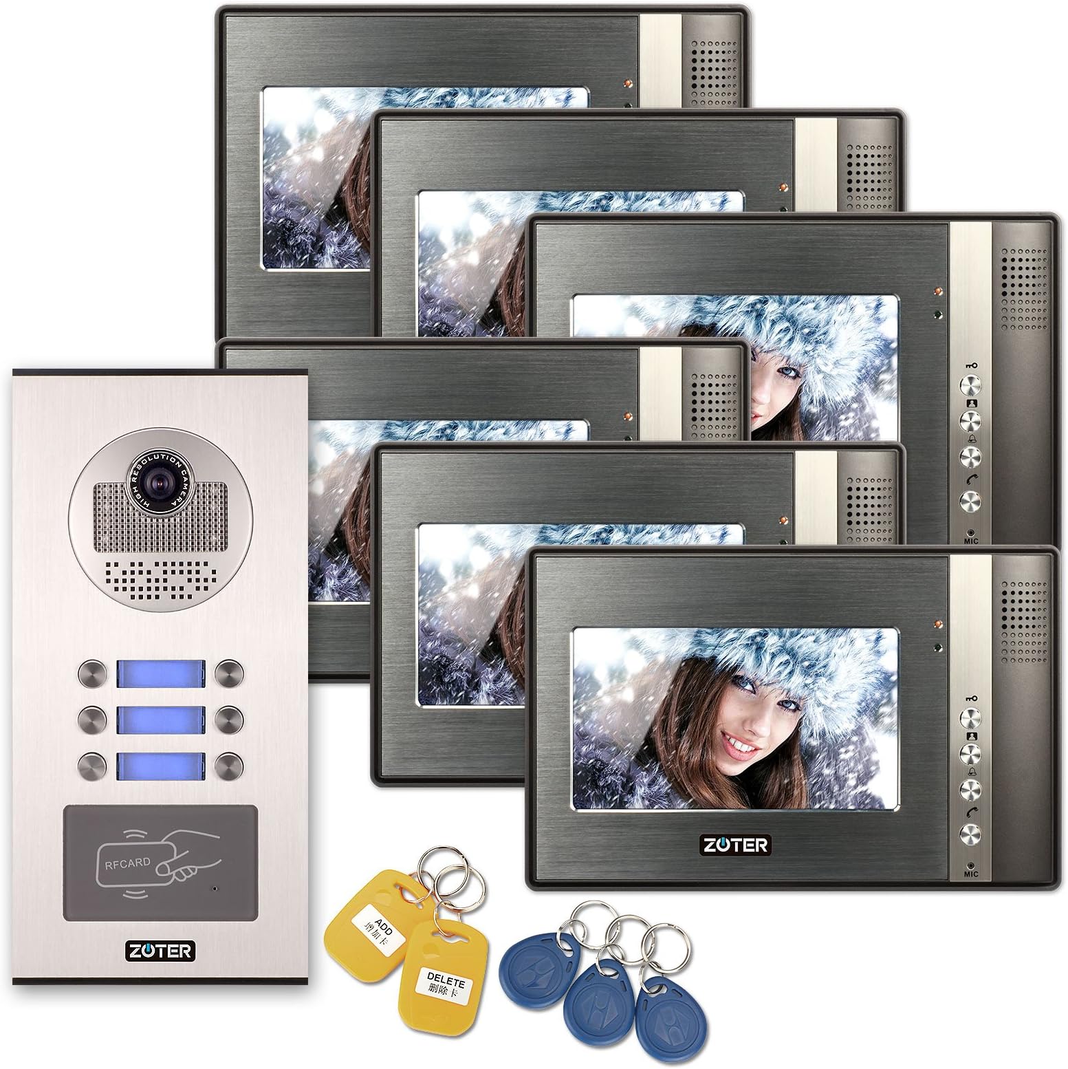 SOTER SECURITY Wired 7" Inch TFT LCD Color Screen Monitor 600TVL CMOS HD Camera Video Door Bell Phone Intercom RFID Card Access Control Home Gate Security Kit System for 6 Families Apartment
