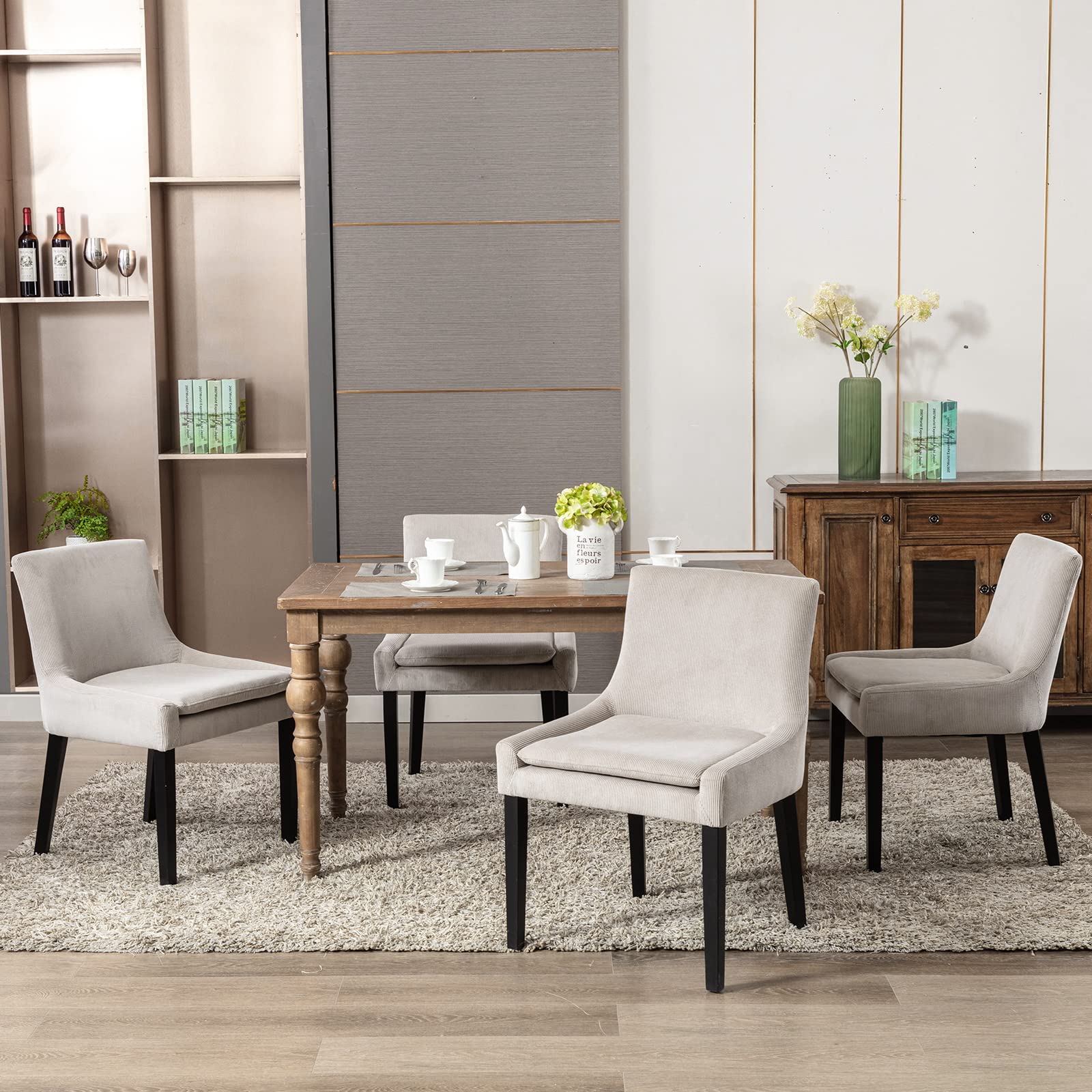 Photo 1 of **one piece**MALOL Modern Dining Chairs Set of 4, Upholstered Corduroy Dining Room Chairs with Wood Legs, Mid-Back Padded Kitchen Side Chairs for Dining Room, Beige