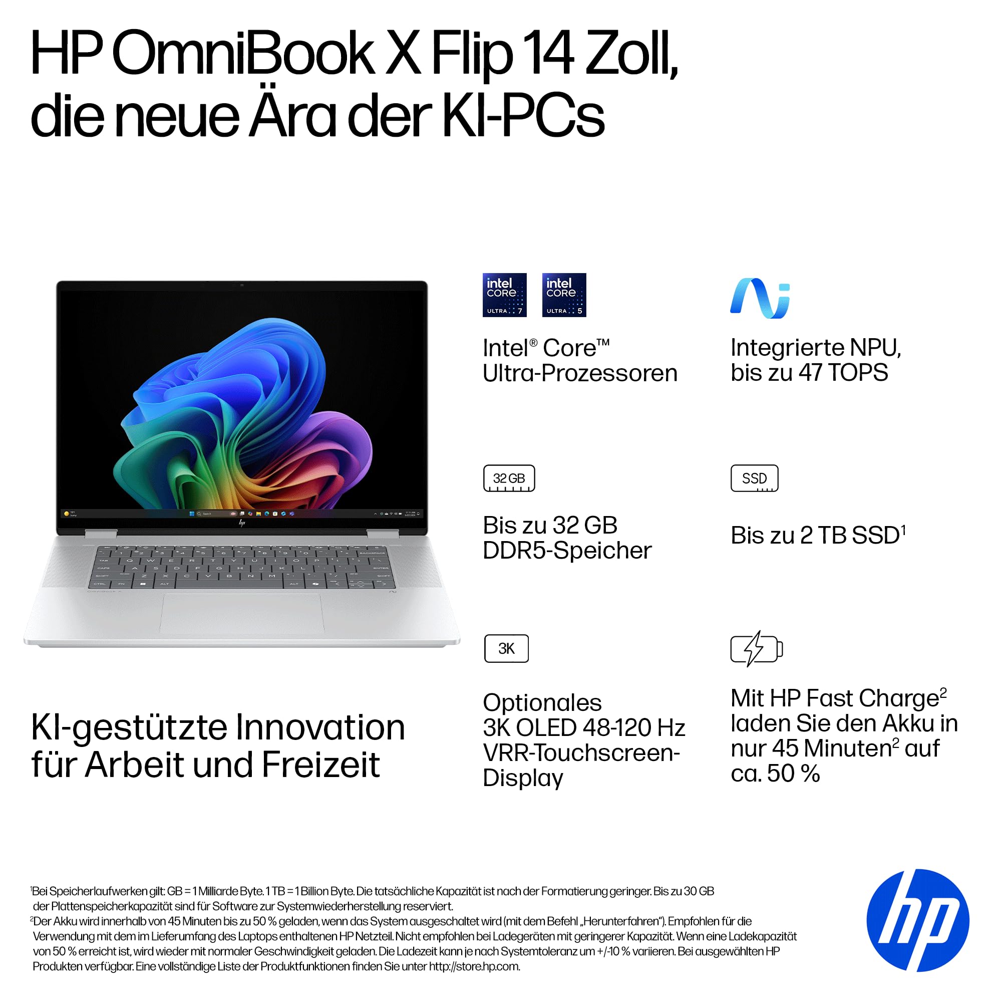 HP OmniBook X Flip 2-in-1 Laptop (16" 2K Touchscreen, Intel Core Ultra 5, Copilot+, 16GB RAM, 512 GB SSD, Win11, QWERTZ) - Silber 8