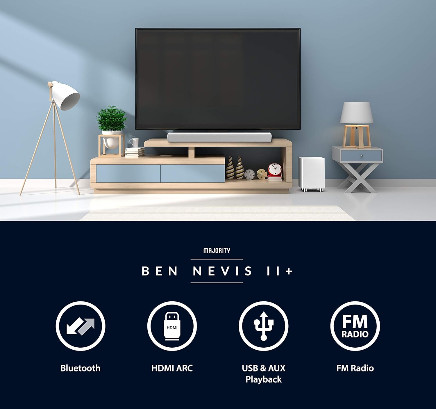 majority 150w tv sound bar wireless subwoofer with bluetooth optical audio