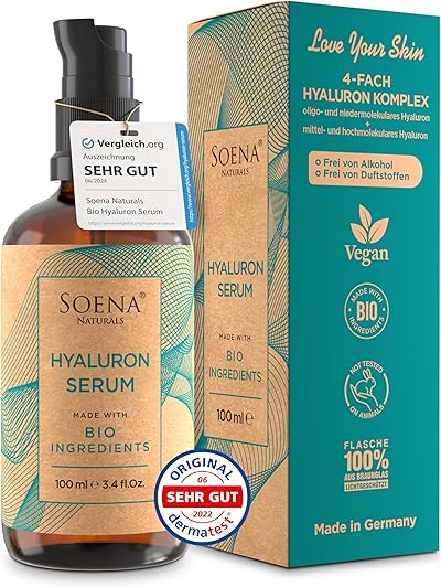 Bio Hyaluron Serum Hochdosiert - Beste Hyaluronsäure (Oligo) - 8-Fach Anti-Falten-Komplex- Mit 4 Hyalurongrößen - Frei von Alkohol & Parfüm 100ml - Hyaluronsäure Serum