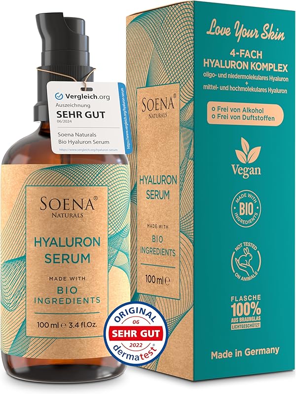 Bio Hyaluron Serum Hochdosiert - Beste Hyaluronsäure (Oligo) - 8-Fach Anti-Falten-Komplex- Mit 4 Hyalurongrößen - Frei von Alkohol & Parfüm 100ml - Hyaluronsäure Serum