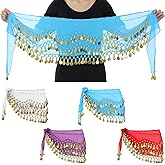 4 Pcs Belly Dance Hip Scarf, Belly Dancing Skirt with 128 Gold Coins, Belly Dancer Belt Scarf Skirt for Women 8 Colors